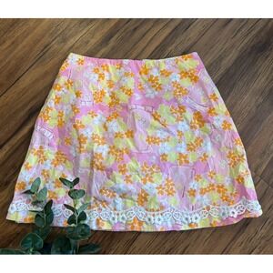 LILLY PULITZER Skirt Size 4 White Label Orange Firefly Floral Women Pink Vintage
